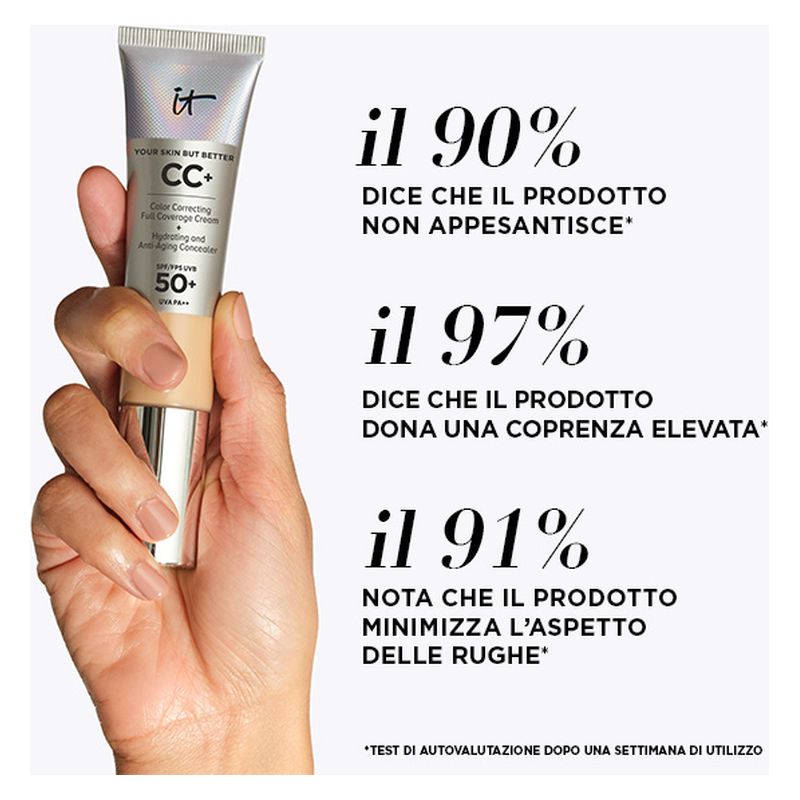 IT Cosmetics CC+ Cream Full-Coverage Foundation SPF 50+, Fondotinta Donna, 32 ml, Correzione Cromatica, Siero Idratante Anti-età, Neutral Medium
