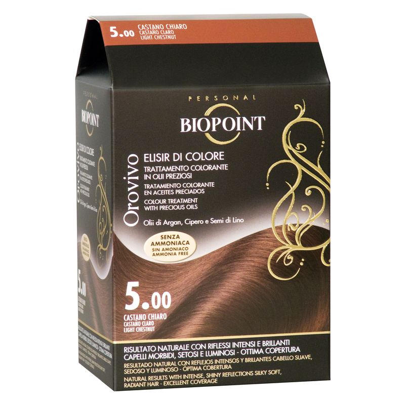 Biopoint Orovivo Elixir di Colore, Tinta Permanente 5.00 Castano Chiaro, Trattamento senza Ammoniaca con Olii Preziosi, Copertura capelli bianchi Biopoint Orovivo Elixir di Colore, Tinta Permanente 5.00 Castano Chiaro, Trattamento senza Ammoniaca con Olii Preziosi, Copertura capelli bianchi