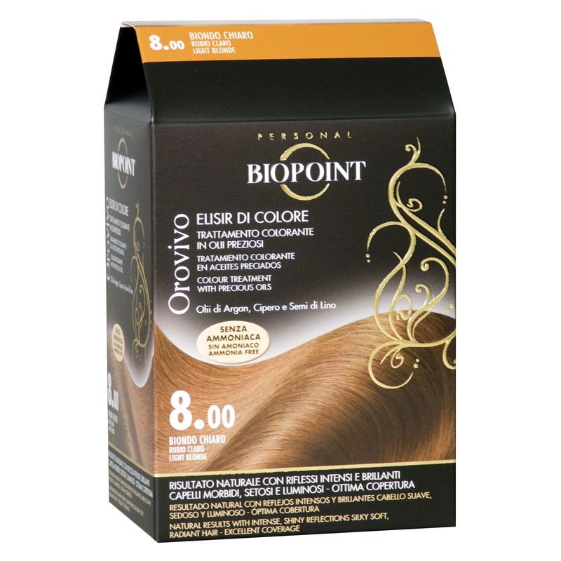 Biopoint Orovivo Elixir di Colore, Trattamento Colorante Permanente Donna, 8 Biondo Chiaro, Kit Tinta Capelli Senza Ammoniaca con Oli Preziosi Biopoint Orovivo Elixir di Colore, Trattamento Colorante Permanente Donna, 8 Biondo Chiaro, Kit Tinta Capelli Senza Ammoniaca con Oli Preziosi