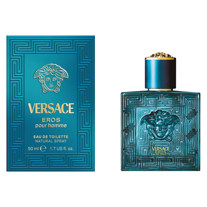 Versace Eros, Eau de Toilette Uomo, 50 ml Spray, Fragranza fresca, orientale e legnosa, Profumo maschile Aromatico Fougère