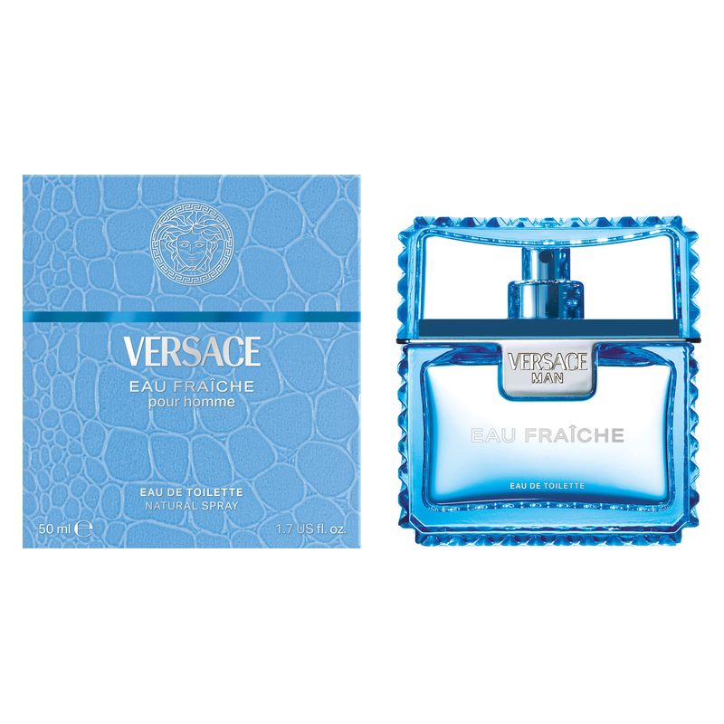 Versace Man Eau Fraiche, Eau de Toilette Uomo, 50 ml Spray, Profumo maschile Legnoso Acquatico con note agrumate, ideale per l'estate